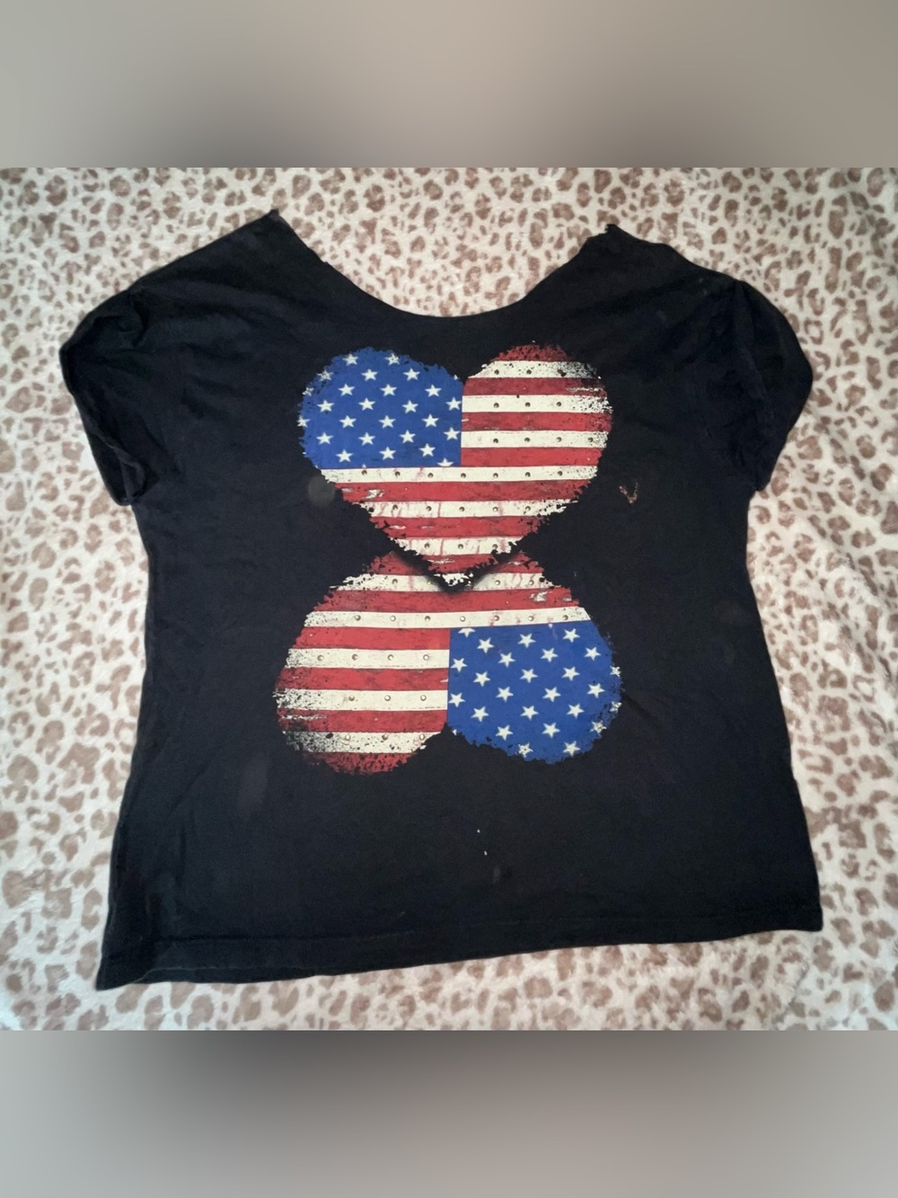 Off-shoulder Black Tee with Distressed American Flag Heart Clovers
